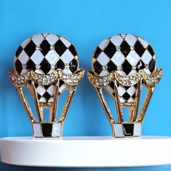Hot Air Balloon Earrings Black & White Checkered Large Pierced Stud Post Dangle - Picture 1 of 7